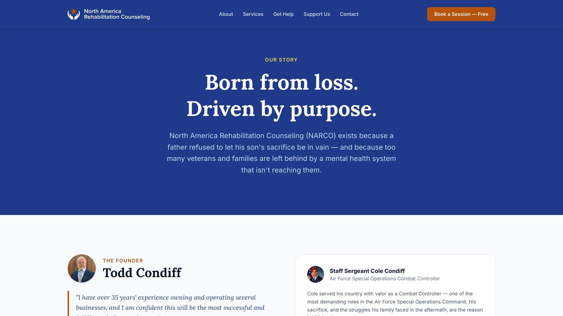 NARCO About page — "Born from loss. Driven by purpose." founder story section