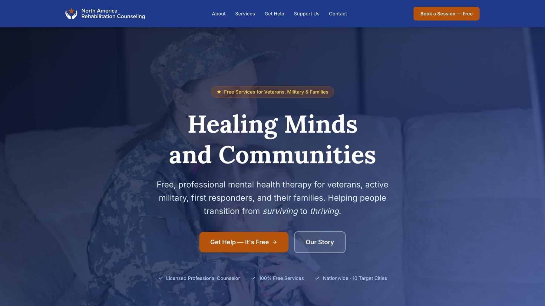 NARCO homepage — "Healing Minds and Communities" hero section with a soldier and child