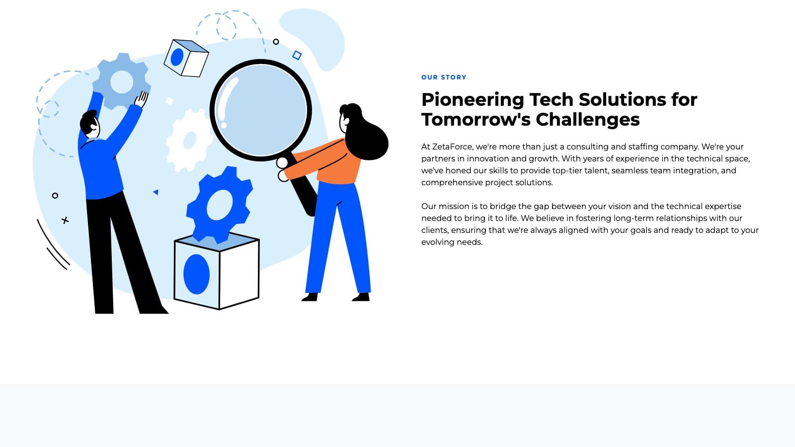 ZetaForce Our Story section — "Pioneering Tech Solutions for Tomorrow's Challenges"