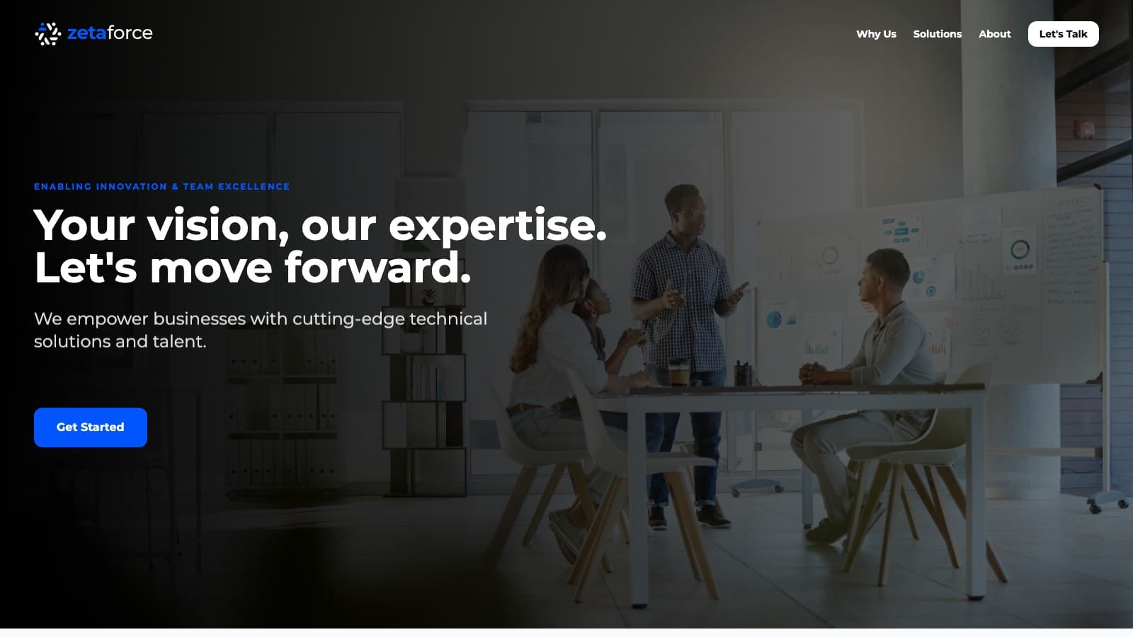 ZetaForce homepage — "Your vision, our expertise. Let's move forward." hero section